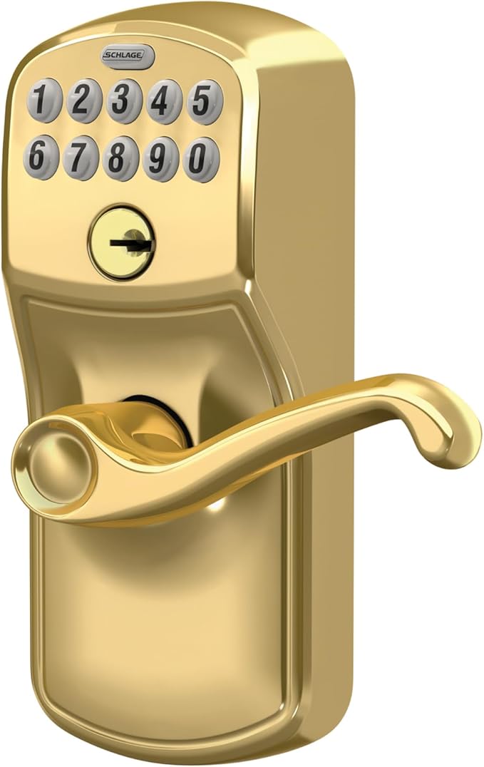 SCHLAGE FE595 PLY 505 FLA Plymouth Keypad Entry with Flex-Lock and Flair Style Levers, Bright Brass