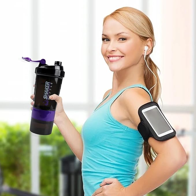 Shaker Bottle - Protein Shaker Cup with Storage Compartments - Leak-proof Workout Shake Bottles with Mixer for Smooth Mixing-500ML/16oz (PURPLE & BLACK)