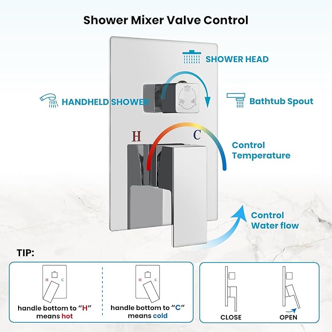 gotonovo Shower System with Tub Spout,Waterfall Tub Shower Faucet Set for Bathroom Head and Handle Set Wall Mounted 3 Function Rough-in Valve and Trim Included 10 inch Shower Head Polished Chrome