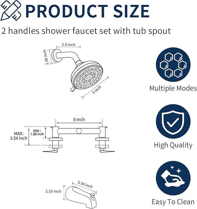 2 Handles Shower Faucet Set with Tub Spout Bathtub Shower Faucet Combo Set Shower System Complete Tub and Shower Trim Kit Wall Mounted Shower Fixtures Matte Black