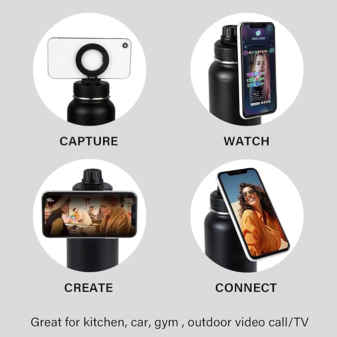 Magnetic Water Bottle with Phone Holder, 32oz Insulated Water Bottle Stainless Steel Travel Water Bottle for Gym, Hot 12H, Cold 24H (Black) (Black)