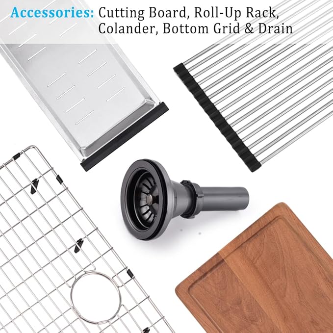 27 inch Undermount Kitchen Sink Workstation 16 Gauge Black Stainless Steel Kitchen Sink Single Bowl Deep Basin