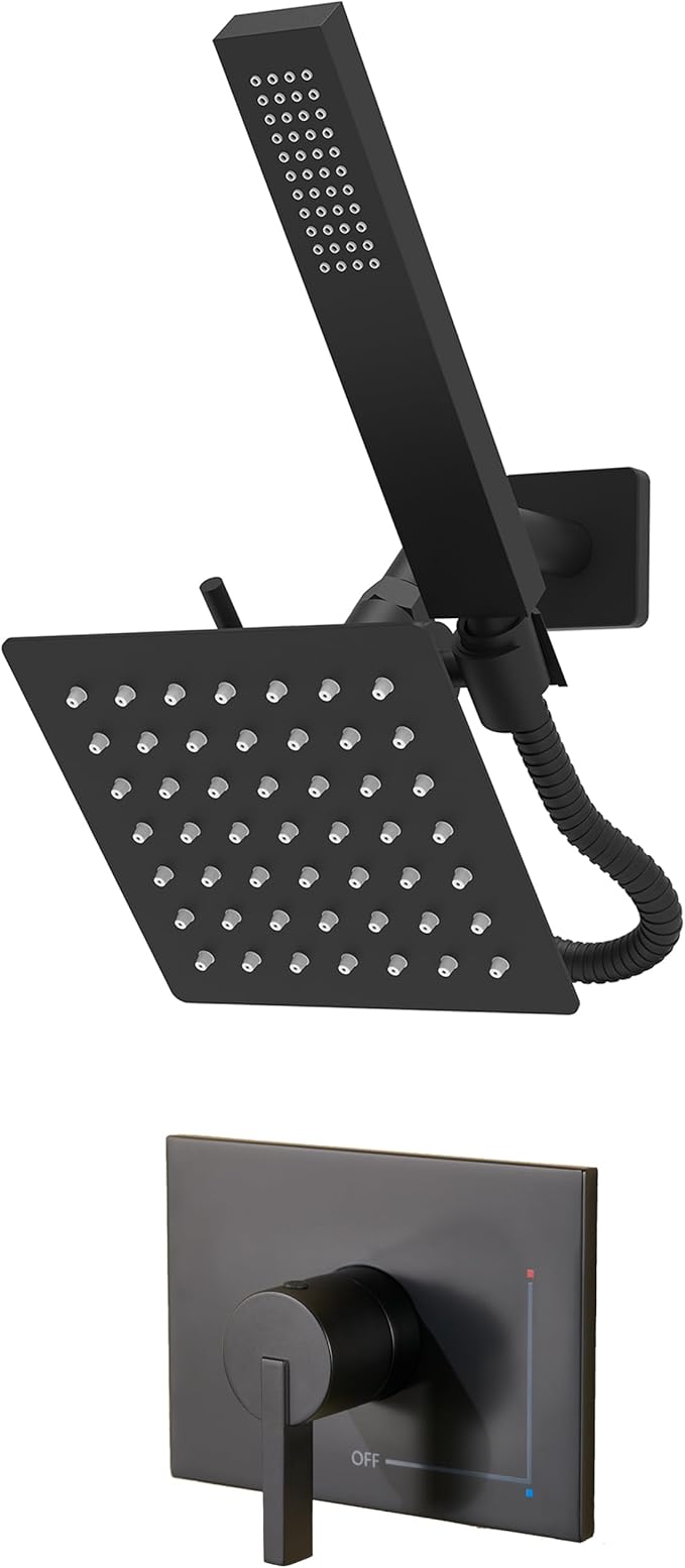 Black Shower Head and Handle Set, Shower Faucet Set Dual Shower Heads with Handheld Spray Combo, All Metal 6" Dual Shower Head Combo and 3-Way Diverter, Black Shower Faucet Set with Valve