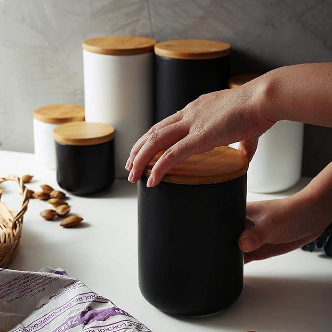Ceramic Food Storage Jar Canister Modern Design Food Canisters with Airtight Seal Bamboo Lid, Loose Tea Coffee Spice Nuts Snacks Storage Jar Canister (Black 8.79oz/260ml)