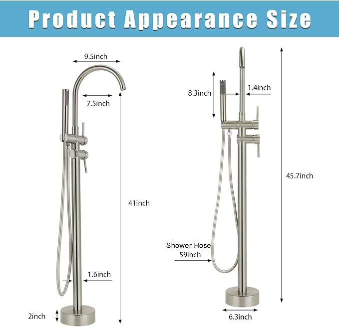 Floor Mount Bathtub Faucet,Freestanding Tub Faucet ,High Flow Dual Function 360 Degree Rotating Tube and Handheld Water Outlet (Brushed Nickel)