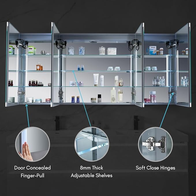 Blossom LED Mirror Medicine Cabinet with Lights, 72x32 Inch | Wall Mounted LED Lighted Bathroom Medicine Cabinet | Recessed or Surface with Defogger, 3 Color Dimmer | Makeup Mirror with Lights