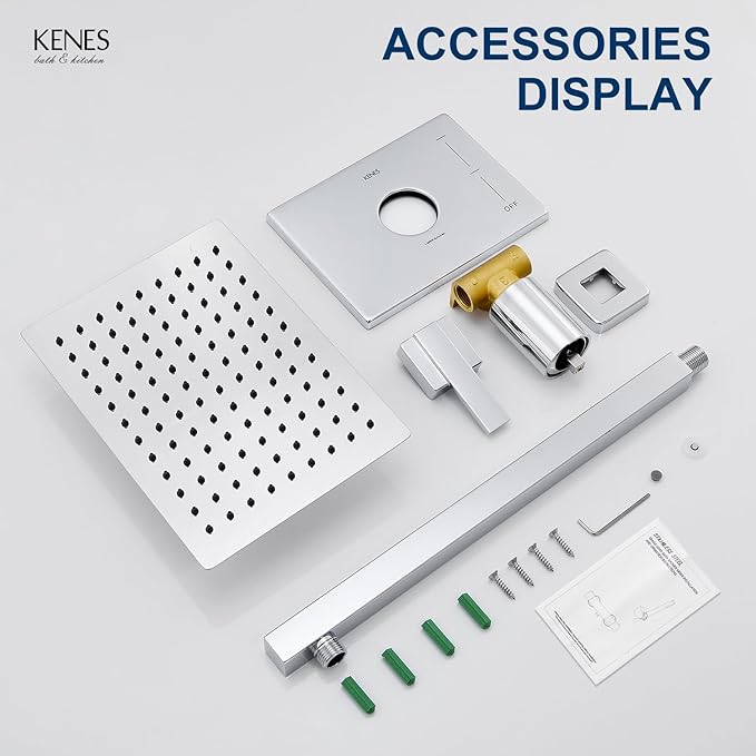 KENES Modern Polished Chrome Shower Faucet Set, Square Shower Trim Kit with Single-Spray Shower Head, Shower Trim Systems Wall Mount, KE-6024B-5 (Shower Valve Included)
