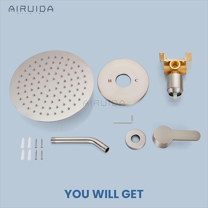 Airuida Shower Faucet Set,8 Inch Round Rainfall Shower Head,SUS304 Stainless Steel Single Handle Shower Trim Kit,Wall Mount Bathroom System with Female Threads Valve Brushed Nickel