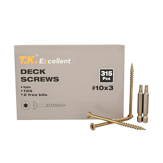 T.K.Excellent Deck Screws 3 Inch Wood Screws Outdoor #10 x 3, 315 Pcs, Rust Resistant Structural Fence Screws Torx Drive Screw, for Gazebos or Siding, Two T25 Bits, Brilliant Brown/Tan Ruspert Coating