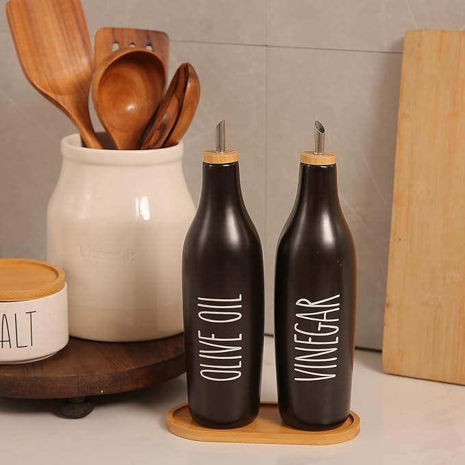 HOMCDALY Ceramic Olive Oil Dispenser for Kitchen, Stoneware 16oz Oil Cruet and Vinegar Bottles Dispenser, Kitchen Dispenser Bottle for EVOO Vinegar Syrups, Modern Farmhouse Design(B-O)