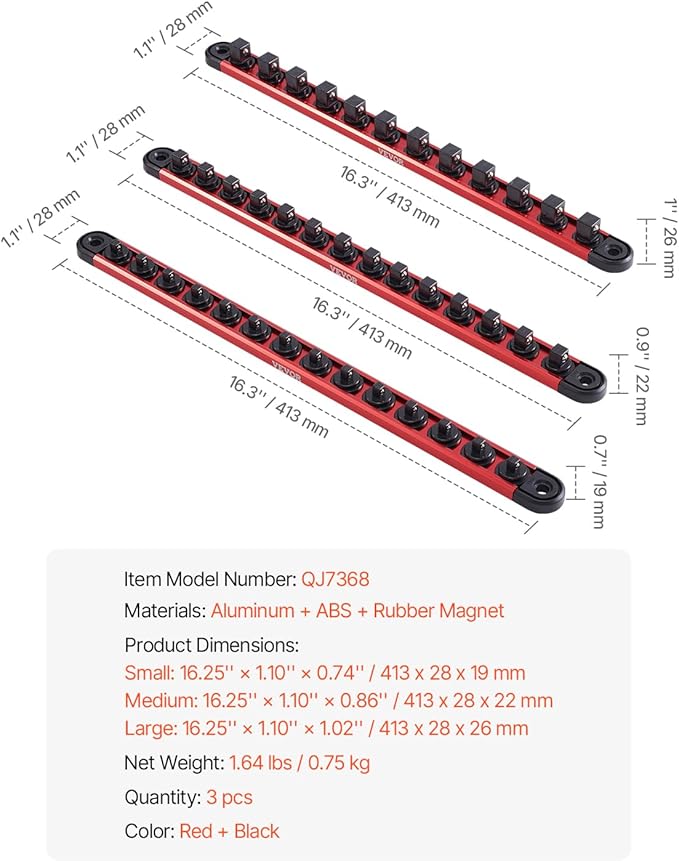 VEVOR Socket Organizer Rail Set, 3PCS Metric & SAE Aluminum Socket Organizers, 1/4'', 3/8'' & 1/2'' Heavy-Duty Socket Holder with 360° Rotating Clips for Tool Box, Hold up to 40 Sockets, Red & Black