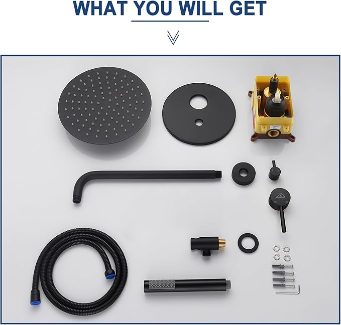 CASAINC Shower Valve and Trim Kit, 10 Inch Round 2 Functions Rain Shower Head with Handheld Spray Wall Mounted Shower System (Matte Black)