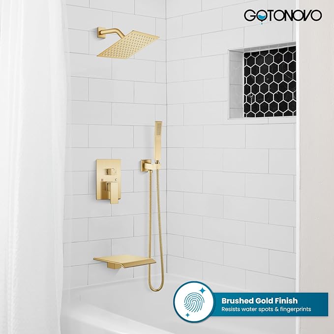 gotonovo Rain Shower Faucet System Set Rainfall Shower Head with Handheld Sprayer Waterfall Tub Spout Wall Mounted Mixer Combo Rough-in Valve and Trim Included 8 Inch Showerhead Brushed Gold