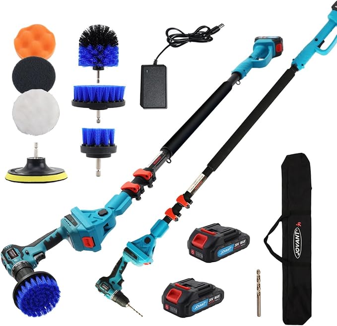 Cordless Telescoping Cleaning Tools&Power Drill with 2-Max 20V Batteries and 2.0A Charger 2-in-1 Cordless Pole Drill 5.3 to 15-Feet with 180° Telescoping Pole Include 7Pcs Drill Brushes