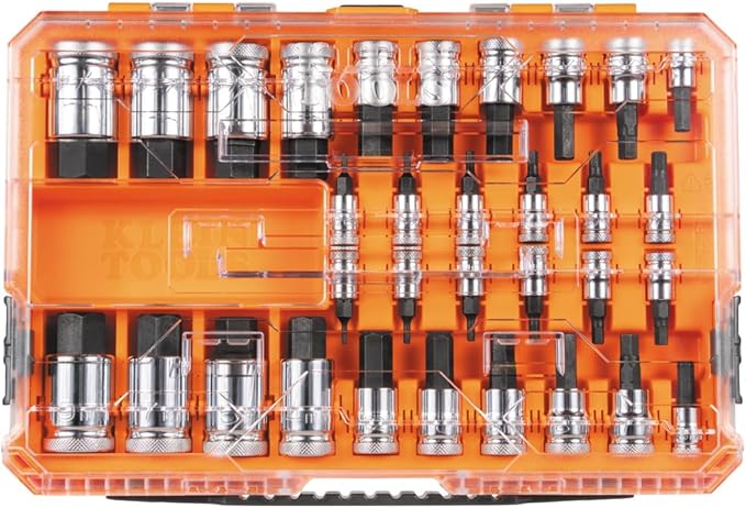 Klein Tools 65233HEX Hex Bit Socket Set, 1/4, 3/8, 1/2-Inch Drives, Knurled, SAE (5/64 to 3/4 inch) and Metric (2 to 19mm) with MODbox Case, 32-Piece