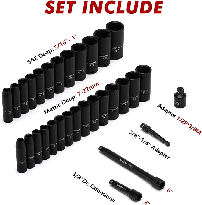 CASOMAN 3/8-Inch Deep Impact Socket Set, Metric & SAE, 31Piece Socket Set, CR-V, Includes Extension Bar (3, 6-inch) & Adapters, Heavy Duty Storage Case