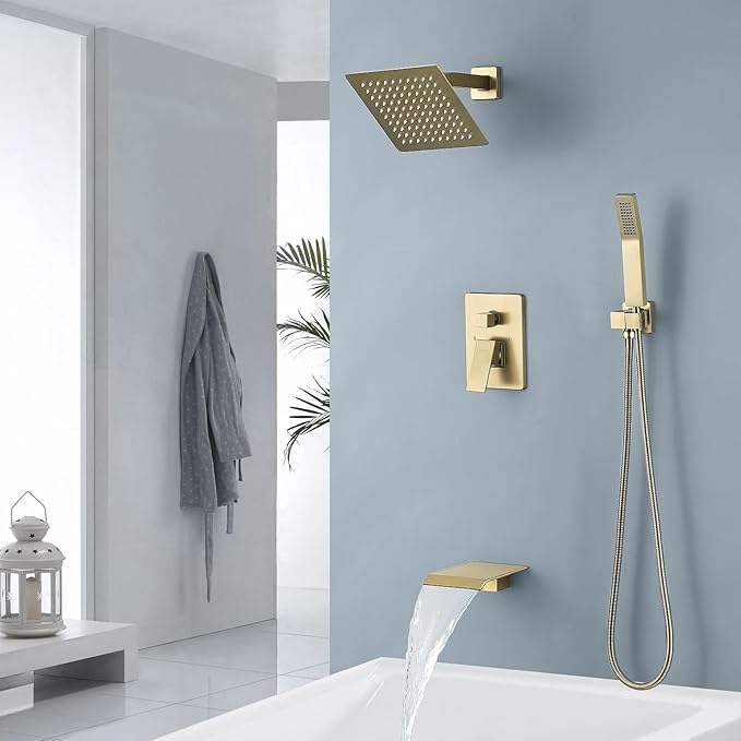 JOYWELL Bathroom Shower Faucets sets Complete Brushed Gold Bath tub Shower Faucet set with 8" Shower Head/Handheld Shower and Tub Faucet Combo