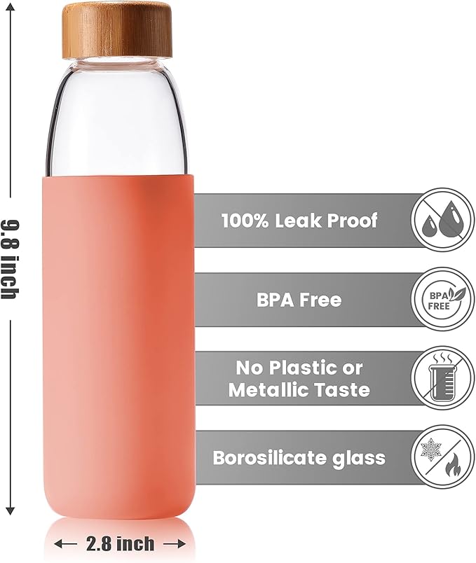 veegoal Glass Water Bottles 25 Oz Borosilicate with Bamboo Lid, BPA-FREE, Non-Slip Silicone Sleeve, and Stainless Steel Leak Proof Lid - Reusable Glass Bottle for Men and Women