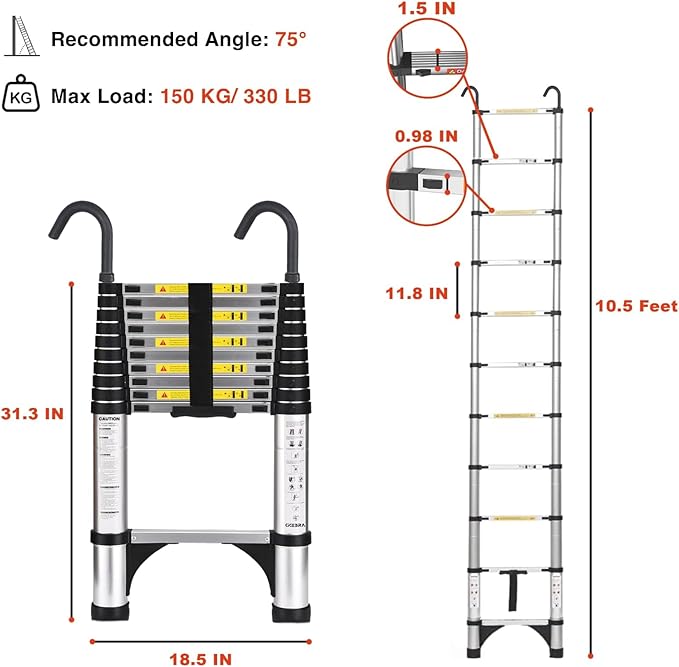 Telescoping Ladder, 10.5 FT Aluminum Lightweight Extension Ladder with 2 Stable Hooks, 2 Triangle Stabilizers & Non-Slip Feet, Heavy Duty 330 Lbs Max Capacity, Ideal for Home, RV & Outdoor Work