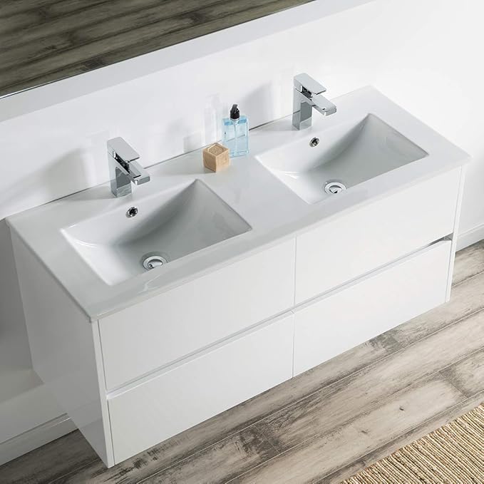 Blossom Bathroom Vanity with Double Ceramic Sinks and Mirror | All Wood Floating Vanity Cabinet | 2x2 Soft-Closing U-Shaped Cutout Drawers | 48" w/ 2 Ceramic Sinks and Mirror, Glossy White