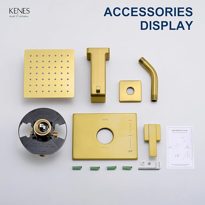 KENES Brushed Gold Shower Trim Kit, Modern Shower Faucet with Single-Spray Square Stainless Rain Shower Head, Tub and Shower Trim Kit Gold, KE-6025A-4 (Shower Valve Included)