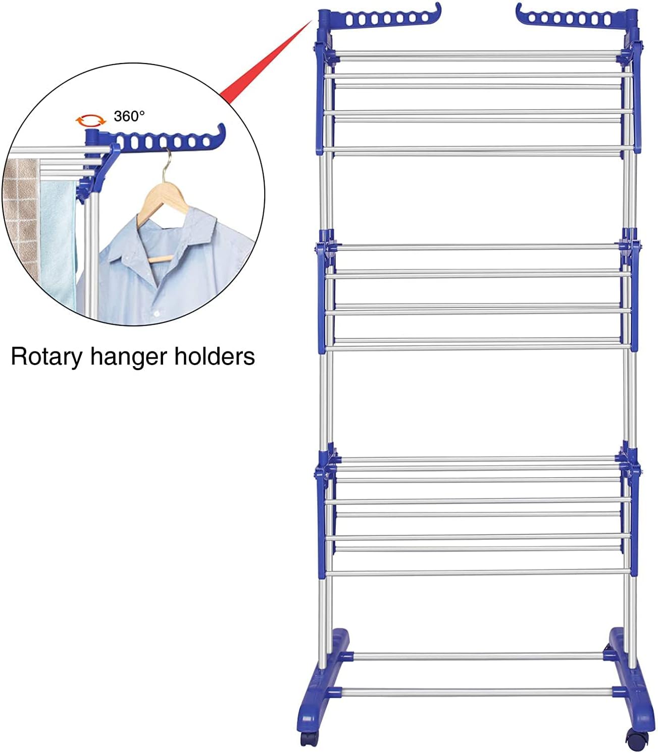 Bigzzia Clothes Drying Rack, Folding Stainless Steel Drying Rack Clothing Indoor Outdoor, Space-Saving, 4 Tier Laundry Drying Rack with Two Side Wings Grey Blue