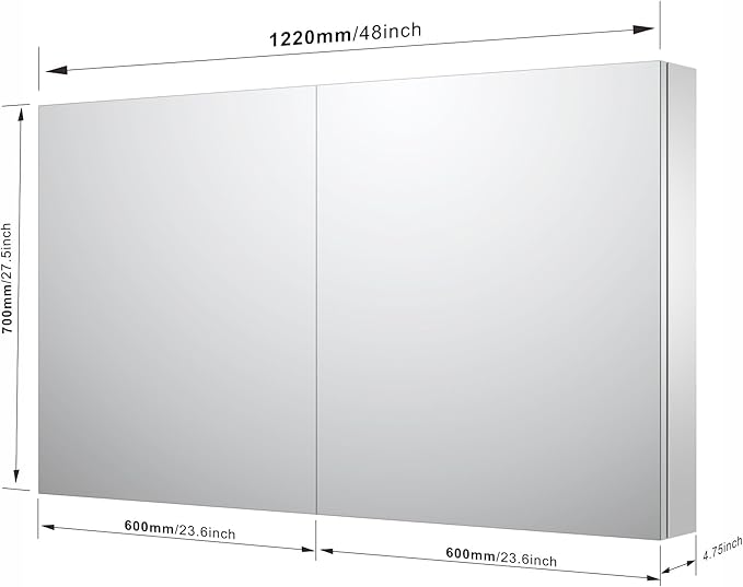 Sunrosa Aluminum Bathroom Medicine Cabinet with Mirror Door, 48" x 27.5", 2-Door Wall-Mounted & Recessed Bathroom Medicine Cabinet Organizer