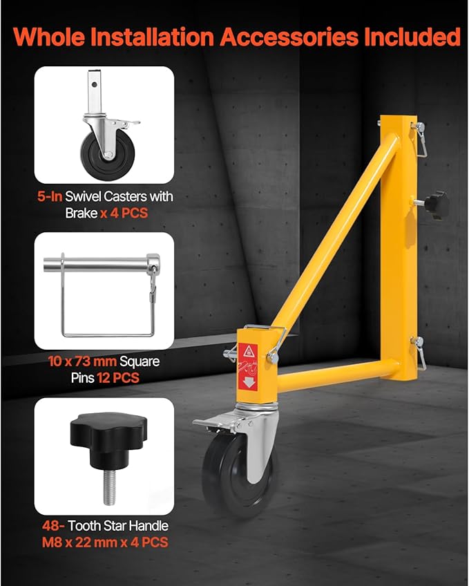 VEVOR 4-Pack Scaffold Outriggers, 1000 lbs Total Load Capacity Baker-Style Scaffolding Accessory with Swivel Casters, Carbon Steel Scaffold Wheel System with Rust Proof Galvanized Surface, Yellow