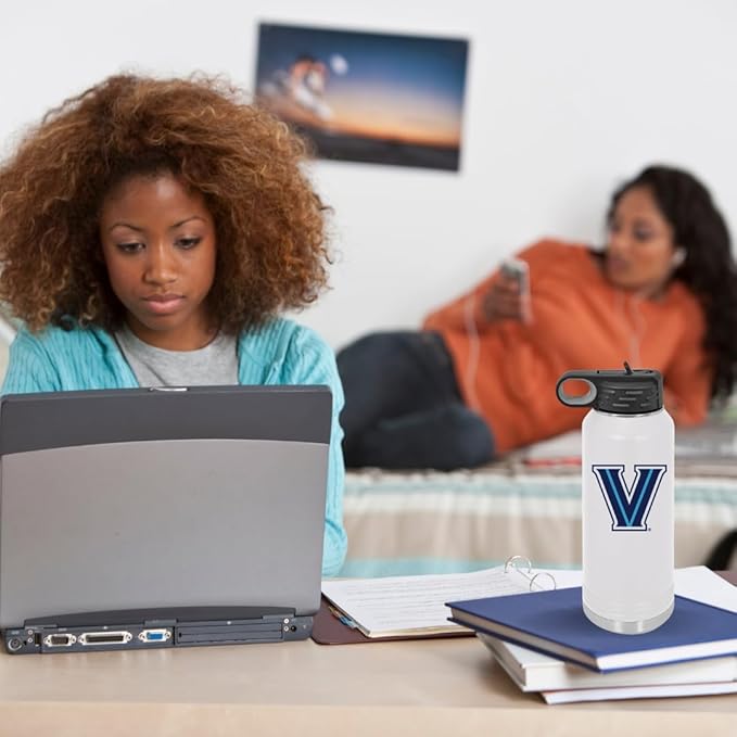 Villanova University Wildcats 32oz Stainless Steel Double Walled White Beverage Bottle with Flip Straw Spout - College Gear for Playoff Season – For Office, Home or Auto – Show your Wildcat Pride