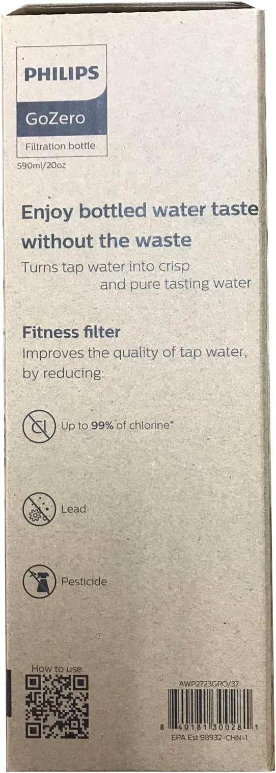 PHILIPS Water GoZero Active BPA-Free Water Bottle with Adventure River/Lake/Spring Water Filter for Hiking, Camping & Fitness Tap Water Filter for Gym, Sport Squeeze Bottle, Lightweight, Grey, 20 oz