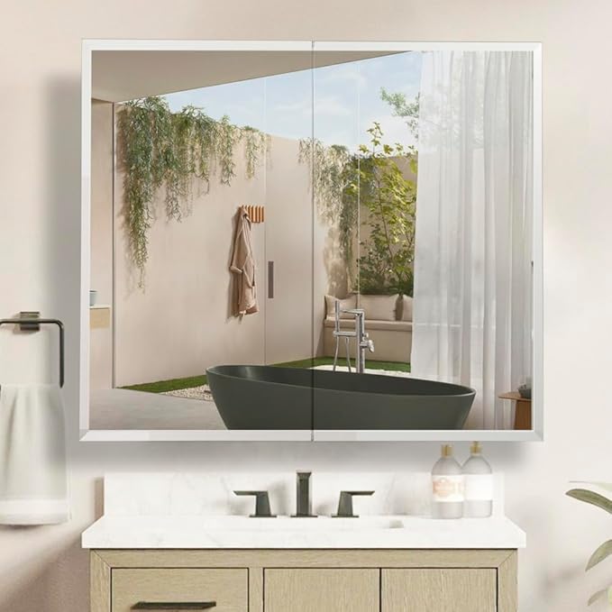 Movo Double Doors Medicine Cabinet with Mirror, 30 inch X 26 inch Aluminum Bathroom Medicine Cabinet, Adjustable Glass Shelves, Waterproof and Rust-Resist, Recess or Surface Mount