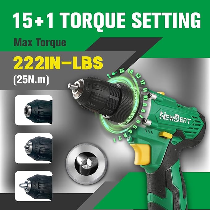 NEWBEAT Cordless Drill Set, 12V Power Drill Driver with 2 Batteries and Charger, 3/8" Keyless Chuck, 2 Variable Speed, 15+1 Torque Setting Electric Drill, Power Tools Kit for Home and DIY Project