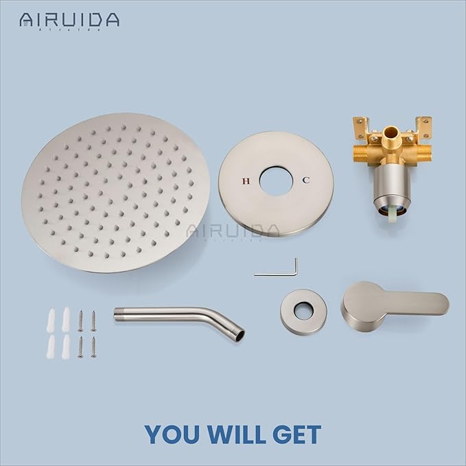 Airuida Shower Faucet Set,8 Inch Round Rainfall Shower Head,SUS304 Stainless Steel Single Handle Shower Trim Kit,Wall Mount Bathroom System with Male Threads Valve Brushed Nickel