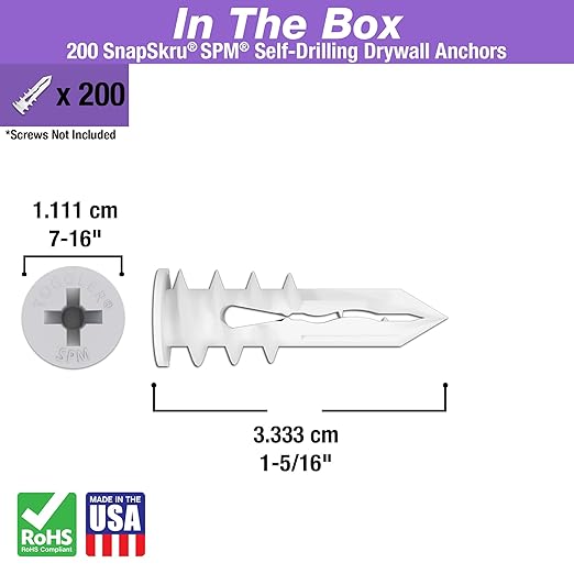 TOGGLER SnapSkru SPM Mini Self-Drilling Drywall Anchor, Glass-Filled Nylon, Made in US, for #6 to #8 Fastener Sizes (Pack of 200)