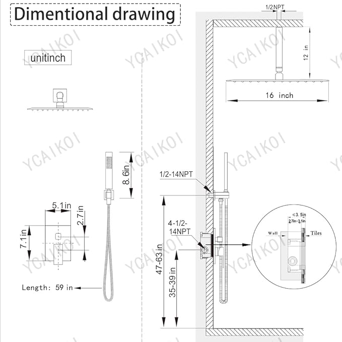 16 Inch Brushed Nickel Ceiling Mount Shower System Bathroom Luxury Rain Mixer Shower Combo Set Ceiling Rainfall Shower Head System Faucet Contain Rough-in Valve and Trim Included