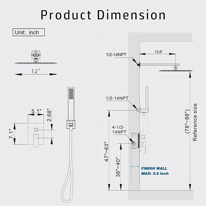 Alesco Shower Faucet Set, Black Shower System with 12-Inch High-Pressure Rainfall Showerheads and Handheld Spray combo, Showerfixture Include Valve and Trim Kit, Matte Black