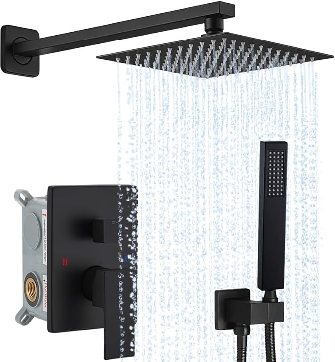 Matte Black Shower System YCAIKOI Wall Mount Shower Faucet Set for Bathroom 10 Inch High Pressure Luxury Shower Head with Handheld, Rough-in Valve Body and Trim Included