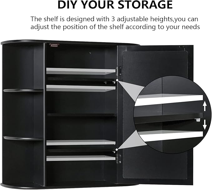 Iwell Bathroom Medicine Cabinet with Mirror, Wall Cabinet with 2 Adjustable Shelves & 6 Open Shelves, Bathroom Cabinet Wall Mounted, Over The Toilet Space Saver Storage Cabinet, Black