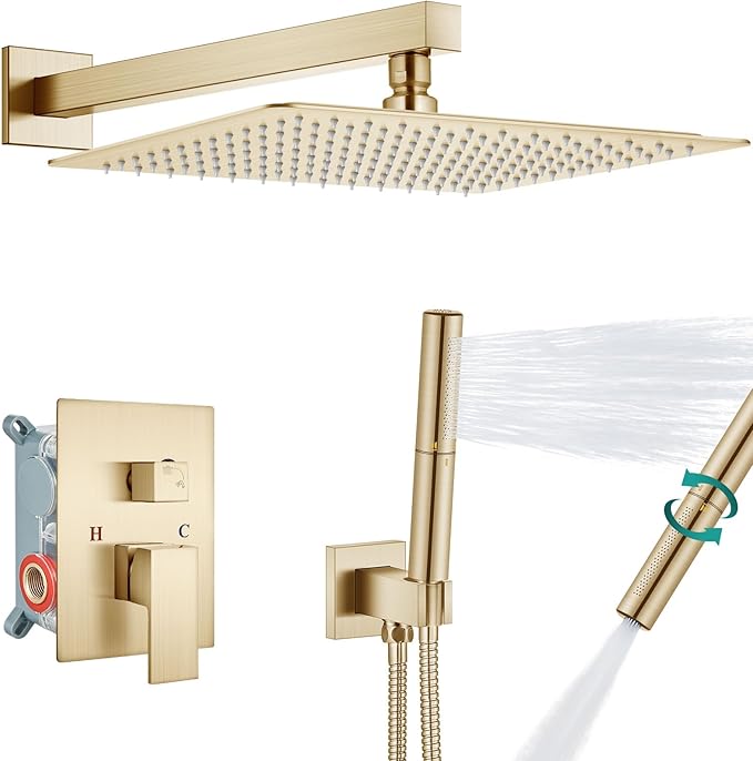 Aolemi Shower System with Rainfall Shower Head and Handheld Wall Mount,High Pressure Shower Faucet Set Fixture Combo with 2 in 1 Handheld Spray Rough-in Valve,16 Inch Shower Head Brushed Gold