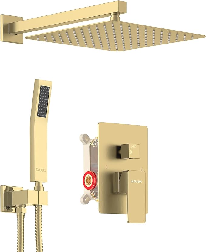 KOJOX Shower System Bathroom Luxury 12 Inch Rain Shower Head with Handheld Mixer Shower Combo Set Wall Mounted Shower Faucet Trim with Valve Brush Gold