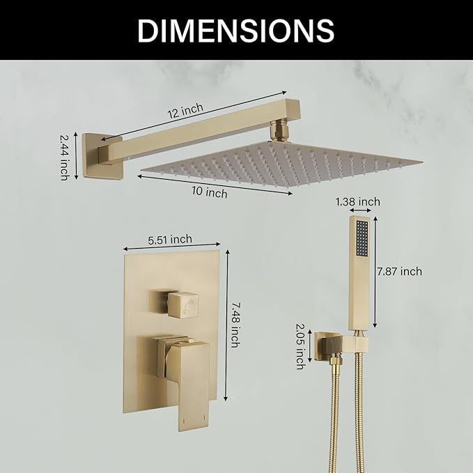 BWE Brushed Gold Shower Faucets Sets 10 Inch Square Bathroom Luxury Rain Shower Head with Handheld Spray Wall Mounted Shower System Rough-in Valve and Trim Included