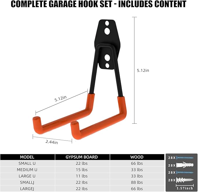 Garage Hooks, 6 Pack Medium Square Wall Hooks for Hanging Heavy Duty Ladders, Bikes, Tools Ideal for Garage, Garden, Basement Utility Room Storage (Orange)