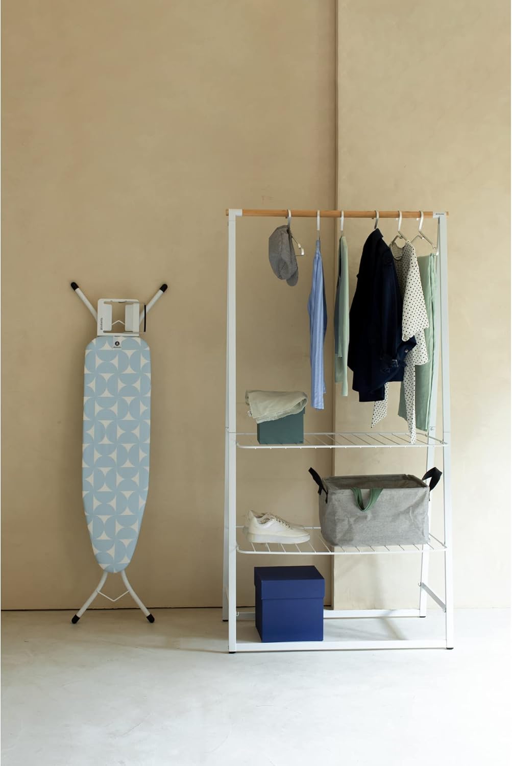 Brabantia Size A Compact Small Ironing Board (43x12 in) 7 Height Options, Adjustable Steam Iron Rest Holder (Fresh Breeze) Non-Slip Feet, Anti-Collapse Child Locks