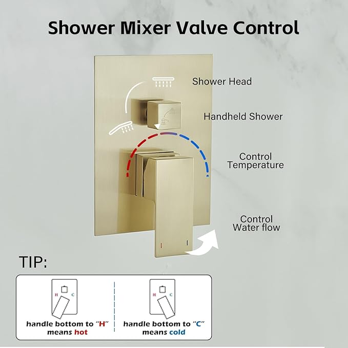 BWE Brushed Gold Shower Faucets Sets 10 Inch Square Bathroom Luxury Rain Shower Head with Handheld Spray Wall Mounted Shower System Rough-in Valve and Trim Included