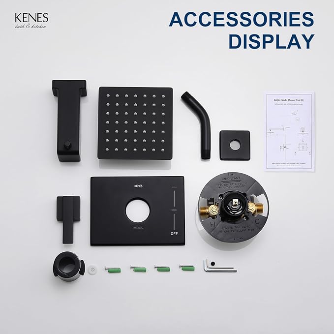 KENES Modern Matte Black Shower Faucet, Tub and Shower Trim Kit with Single-Spray Square Stainless Black Rain Shower Head, KE-6025A-2 (Shower Valve Included)