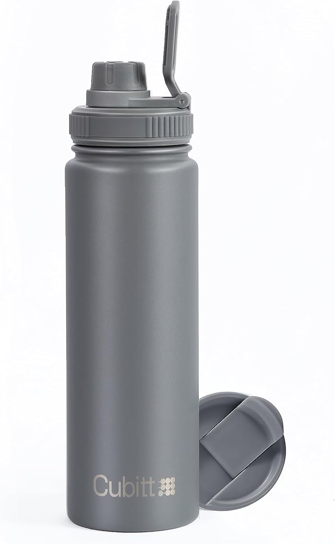 Cubitt Insulated Sports Hydro Water Bottle 24 oz, 2 Lids (Coffee Lid and Wide Mouth Twist Sports Lid), Stainless Steel, Double Walled. Cold for up to 24 hours, Hot for up to 12 hours. GREY