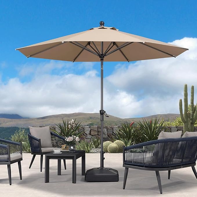 PURPLE LEAF 10' Round Patio Umbrella Outdoor Table Umbrella Aluminum Frame Market Umbrella Sun Umbrella with 8 Sturdy Ribs Tilt for Garden Deck Lawn Pool Taupe