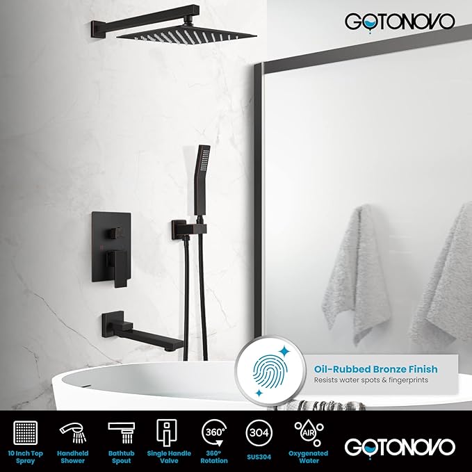 gotonovo Rainfall Tub Shower Faucet Set Bathroom Shower System with Tub Spout Wall Mount Square High Pressure Shower Fixtures with Handheld Sprayer Rough-In Valve 10'' Shower Head,Oil Rubbed Bronze