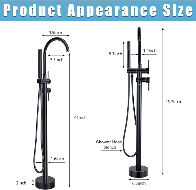 Floor Mount Bathtub Faucet,Matte Black,Freestanding Tub Faucet ,High Flow Dual Function 360 Degree Rotating Tube and Handheld Water Outlet