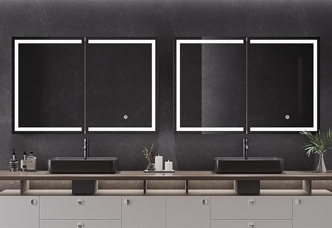 DICTAC Medicine Cabinet with Mirror and LED Light, Wall Mounted Bathroom Mirror with Storage, 2 Doors Bathroom Wall Cabinet, Memory Dimmable 3 Color Temp, Adjustable Shelves, 35.4''x23.6''